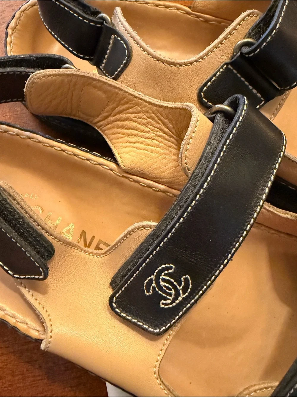CHANEL Black and Tan Leather “Dad” Velcro Strap Sandals woman’s 10.5